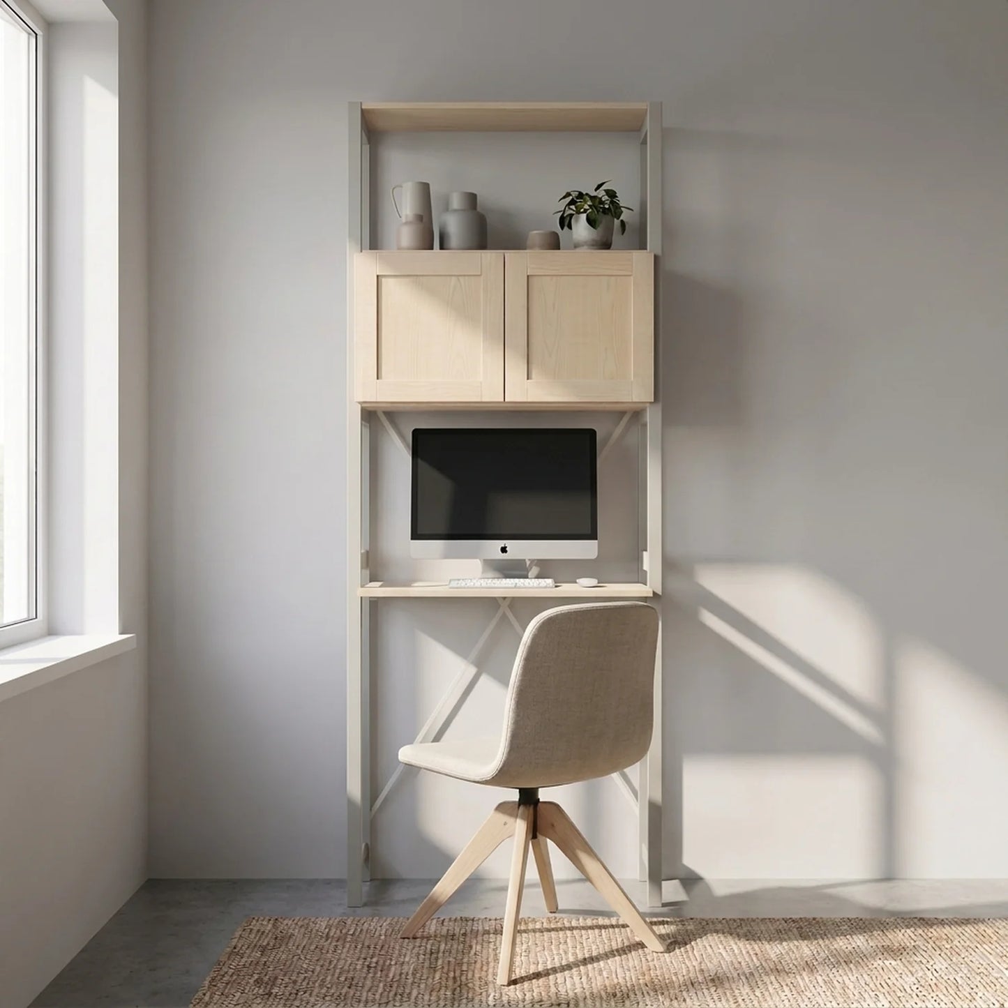 Compact desk cabinet with doors | Lundia Original | Mist Grey & Clear lacquered wood, sfeerbeeld vooraanzicht