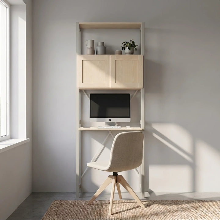 Compact desk cabinet with doors | Lundia Original | Mist Grey & Clear lacquered wood, sfeerbeeld vooraanzicht