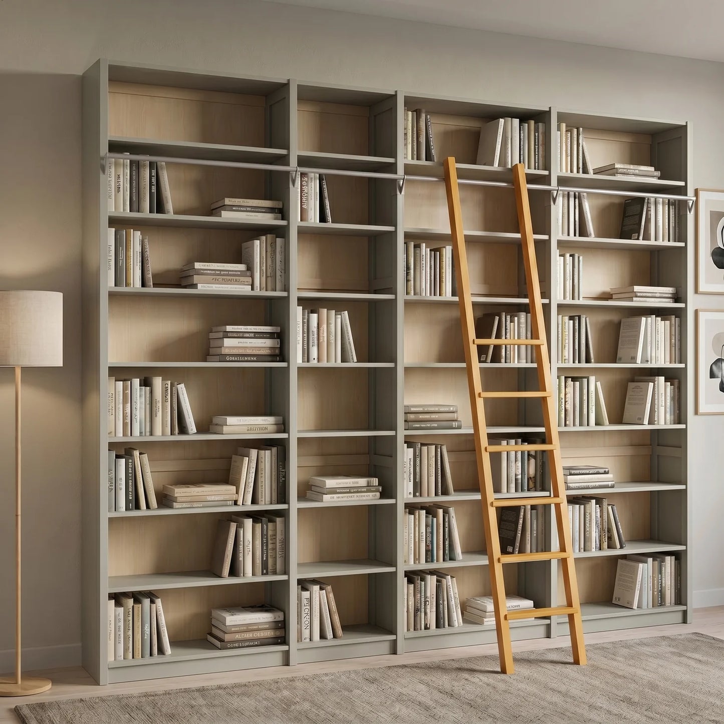 Scandinavian bookcase with ladder | Lundia Original | Mist grey & saffron yellow, sfeerbeeld vooraanzicht