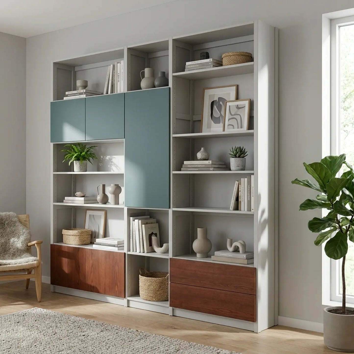 Boekenkast met speelse deurenindeling en lades | Lundia Original | Nevelgrijs, dennengroen & castagne, sfeerbeeld woonkamer styling