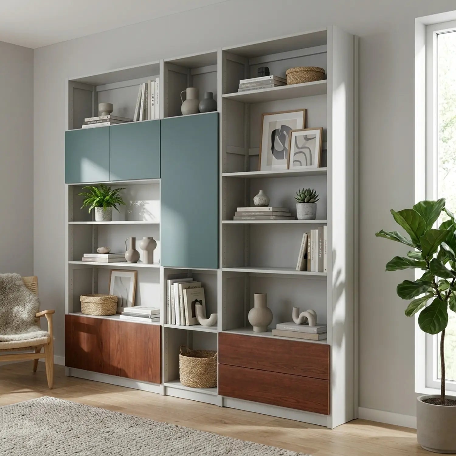 Boekenkast met speelse deurenindeling en lades | Lundia Original | Nevelgrijs, dennengroen & castagne, sfeerbeeld woonkamer styling
