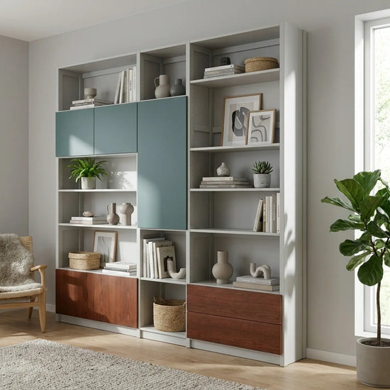Boekenkast met speelse deurenindeling en lades | Lundia Original | Nevelgrijs, dennengroen & castagne, sfeerbeeld woonkamer styling