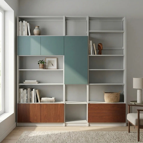 Boekenkast met speelse deurenindeling en lades | Lundia Original | Nevelgrijs, dennengroen & castagne, sfeerbeeld woonkamer