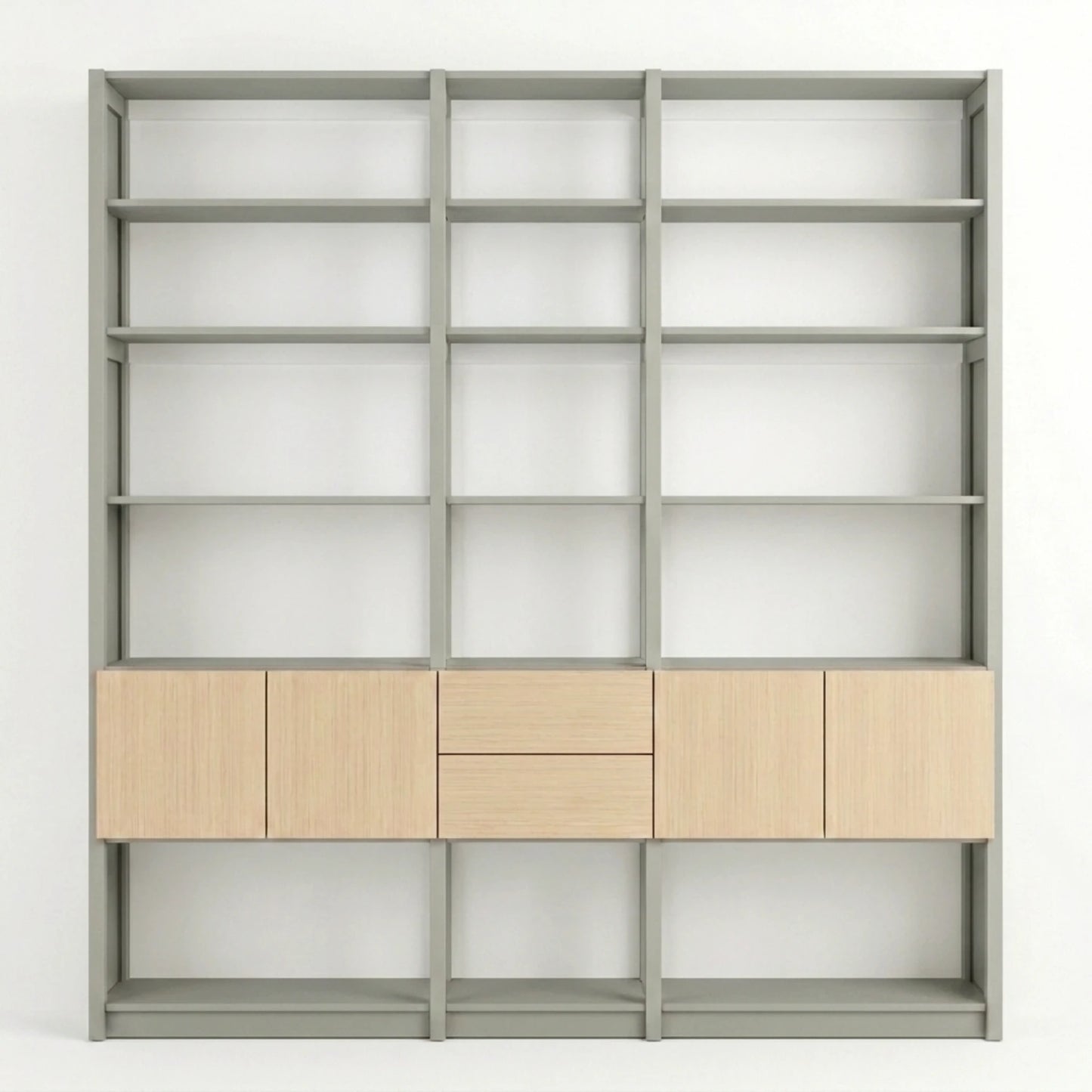 Bibliothèque avec portes et tiroirs | Lundia Original | Gris brume, blanc, bois laqué transparent, vooraanzicht
