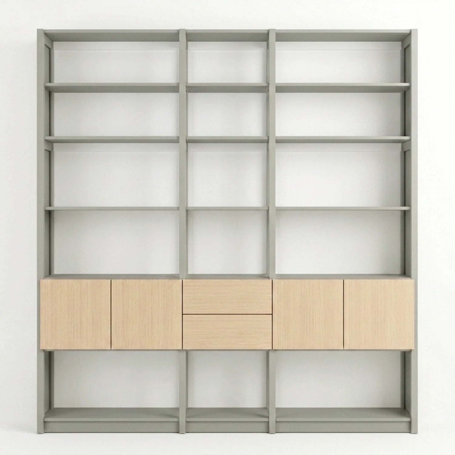 Bibliothèque avec portes et tiroirs | Lundia Original | Gris brume, blanc, bois laqué transparent, vooraanzicht
