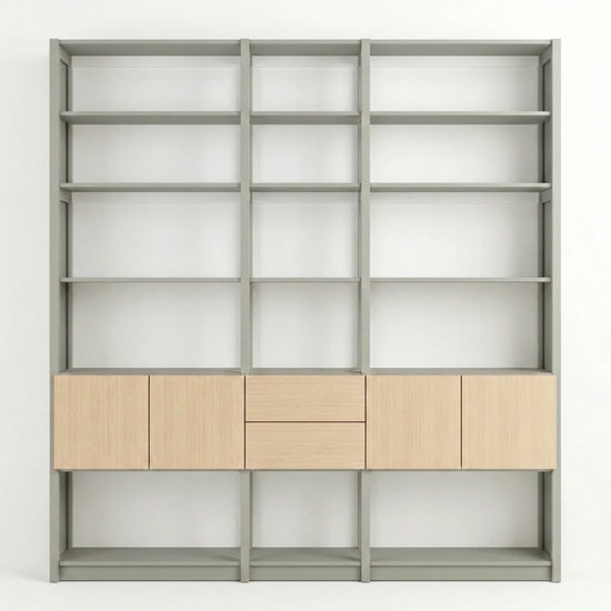 Bibliothèque avec portes et tiroirs | Lundia Original | Gris brume, blanc, bois laqué transparent, vooraanzicht