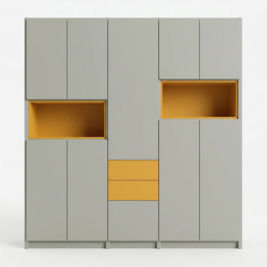 Large wall cabinet with doors and insert boxes | Lundia Original | Mist grey & saffron yellow, vooraanzicht