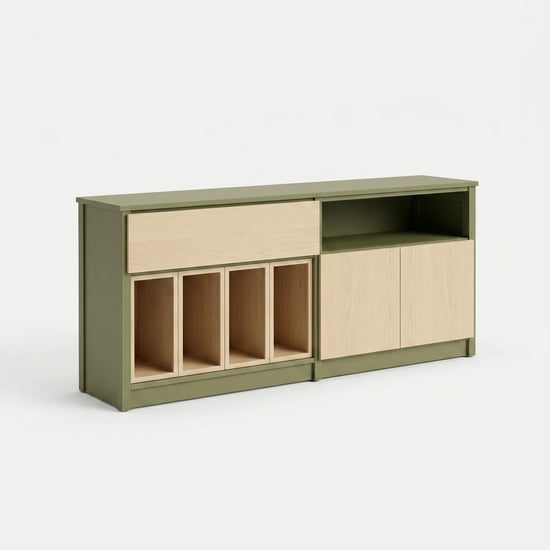 LP cabinet with doors and drawers | Lundia Original | Olive green & regular, perspectief