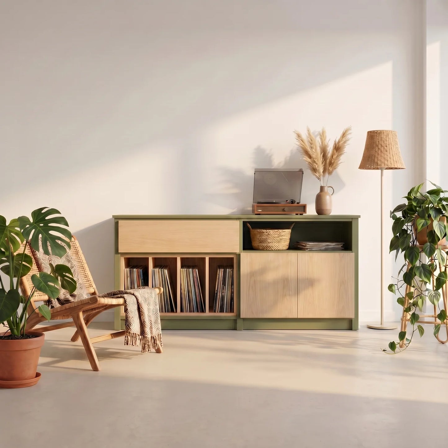 LP cabinet with doors and drawers | Lundia Original | Olive green & regular, sfeerbeeld perspectief