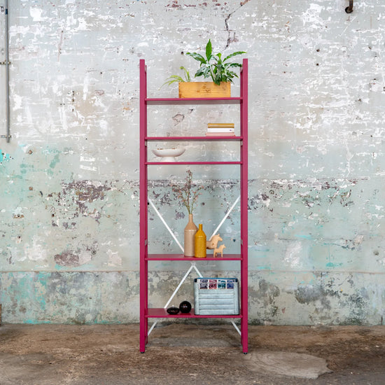 Bookcase | Lundia Original | Bordeaux red solid wood with plants, vases and books