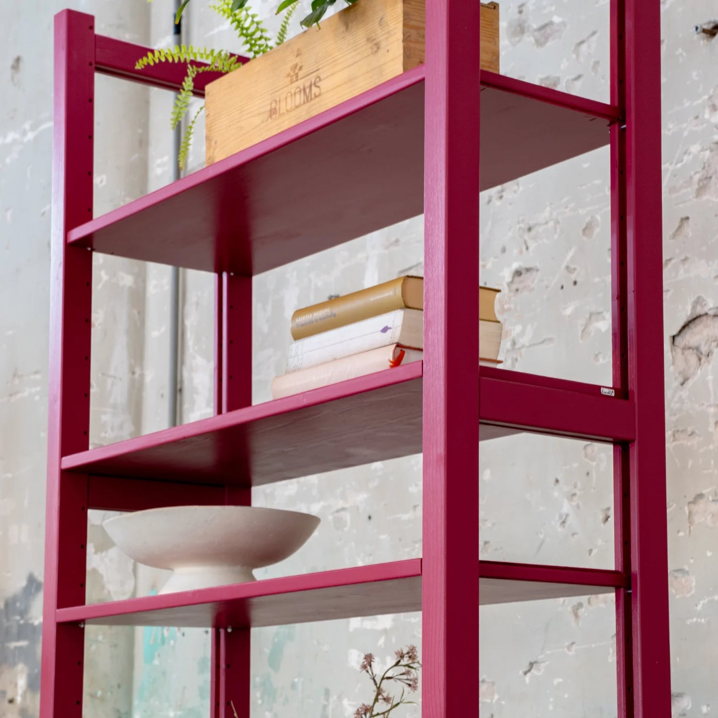 Bookcase | Lundia Original | Bordeaux red solid wood with books, plant and bowl