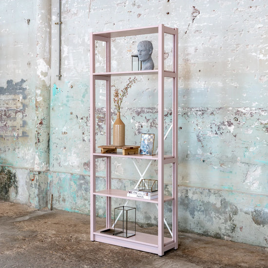 Bookcase | Lundia Original | Chalk pink solid wood with vase, plant and ceramics