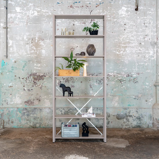 Bookcase | Lundia Original | Stone grey solid wood with plants and decoration