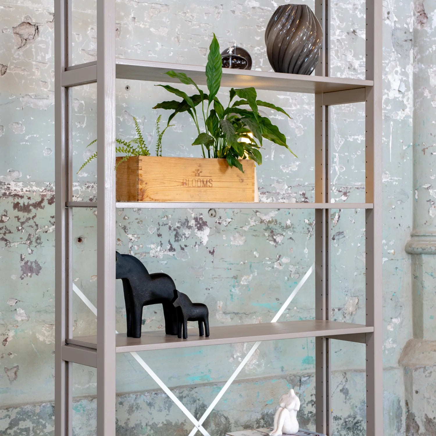 Bookcase | Lundia Original | Stone grey solid wood with plants and decorative objects