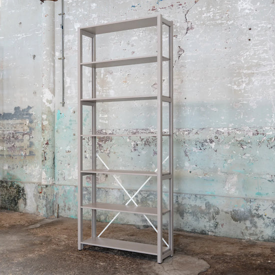 Open bookcase | Lundia Original | Stone grey solid wood, side view empty
