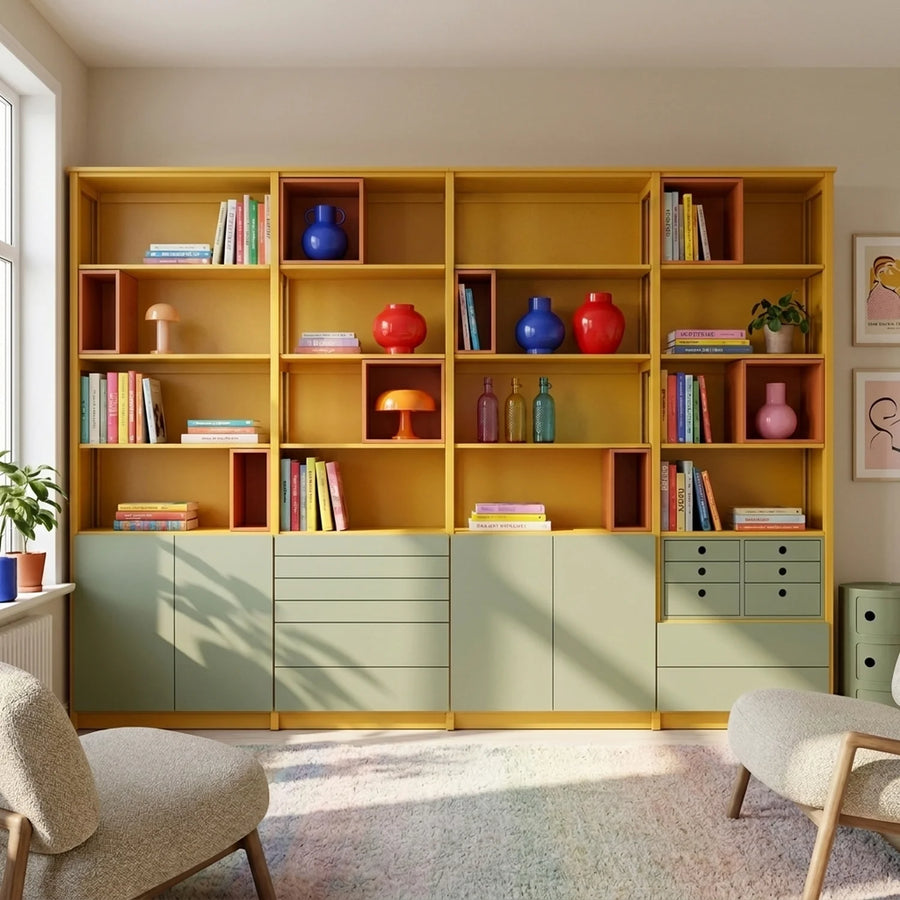 Colorful wall cabinet with doors and drawers | Lundia Original | Saffron yellow, olive green & fire orange, sfeerbeeld vooraanzicht