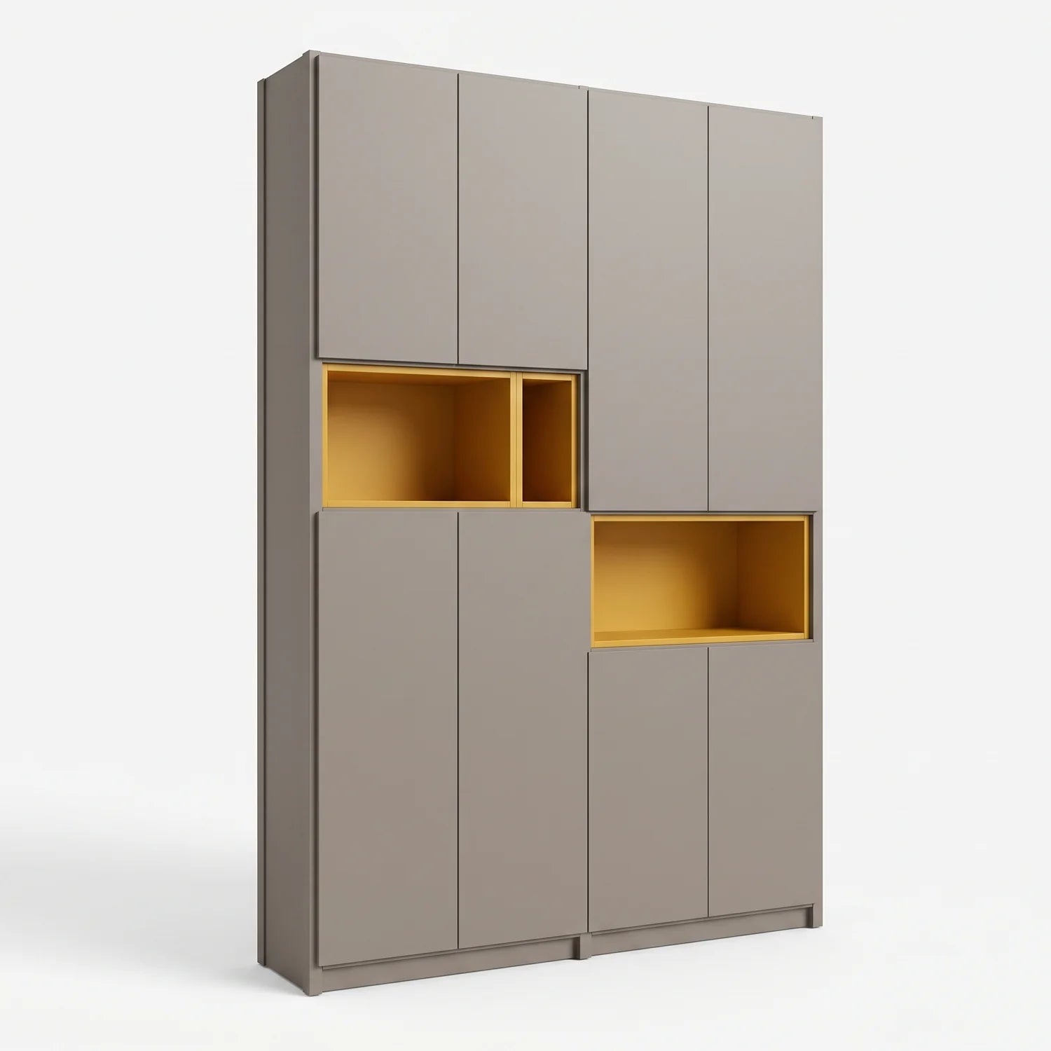 Wall cabinet with display compartments | Lundia Original | Stone grey & saffron yellow wood, perspectief