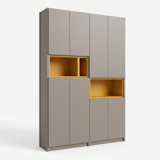 Wall cabinet with display compartments | Lundia Original | Stone grey & saffron yellow wood, perspectief