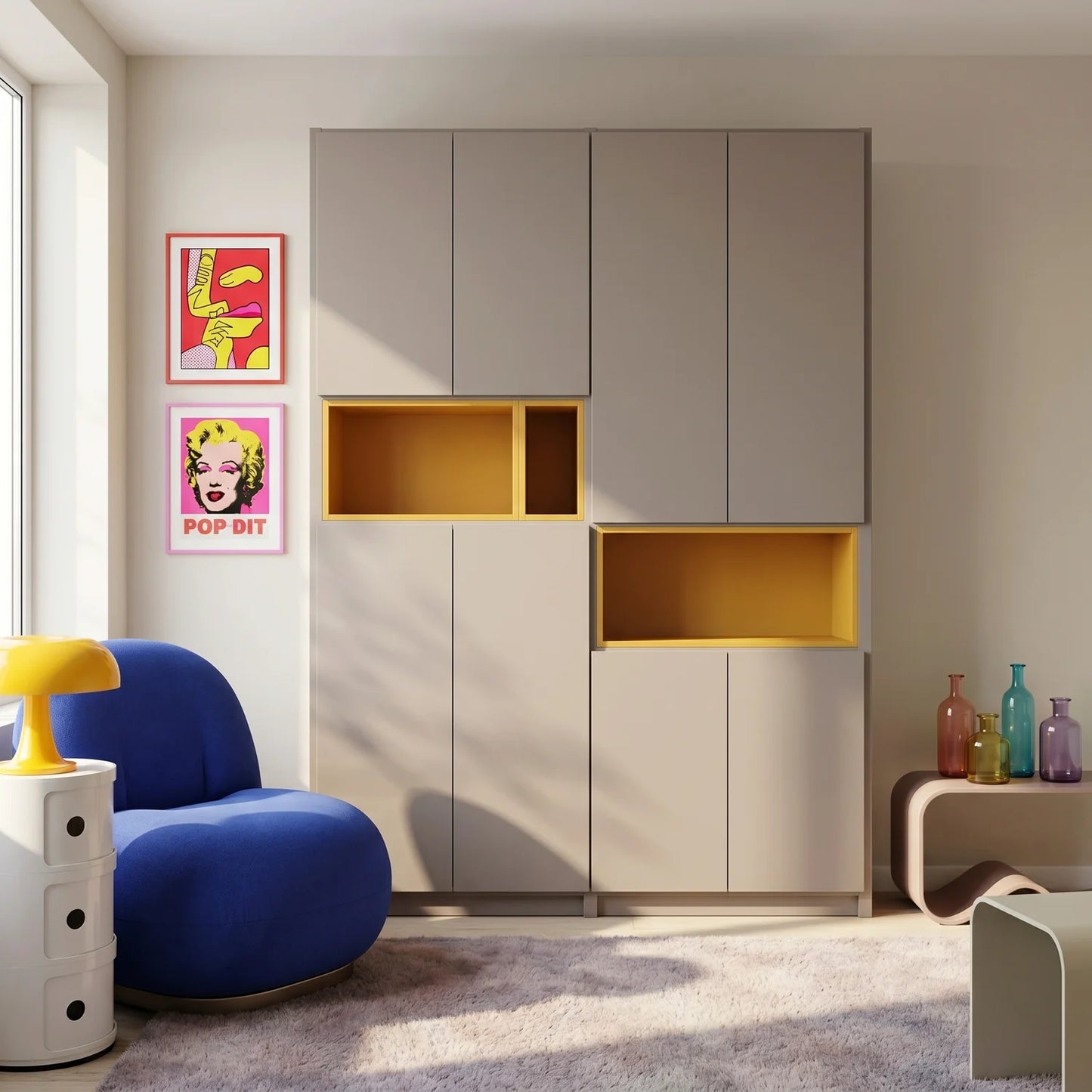 Wall cabinet with display compartments | Lundia Original | Stone grey & saffron yellow wood, sfeerbeeld vooraanzicht