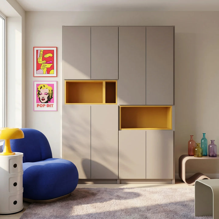 Meuble mural avec compartiments de présentation | Lundia Original | Bois gris pierre et jaune safran, sfeerbeeld vooraanzicht
