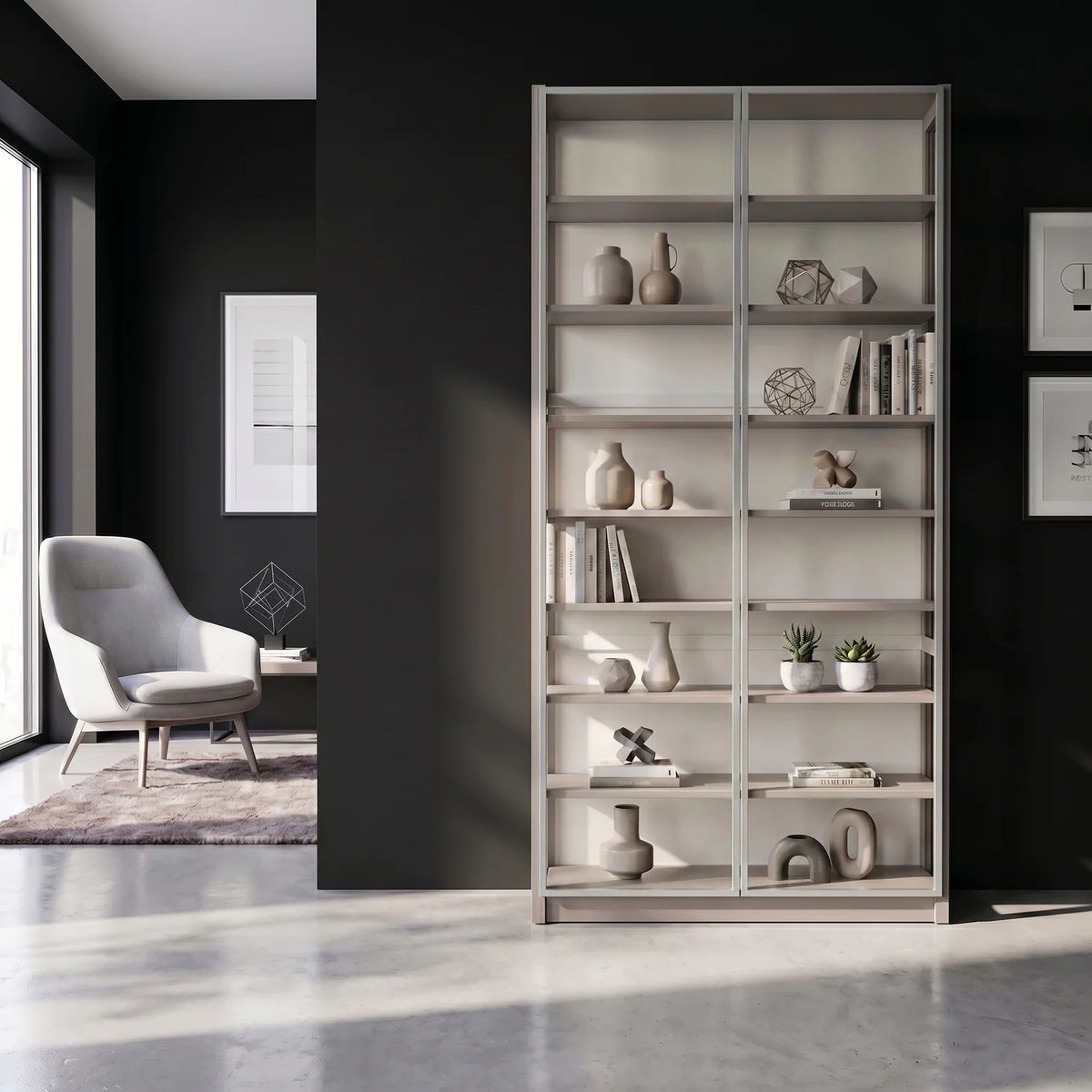 Display cabinet with glass door | Lundia Original | Stone grey & white, sfeerbeeld vooraanzicht
