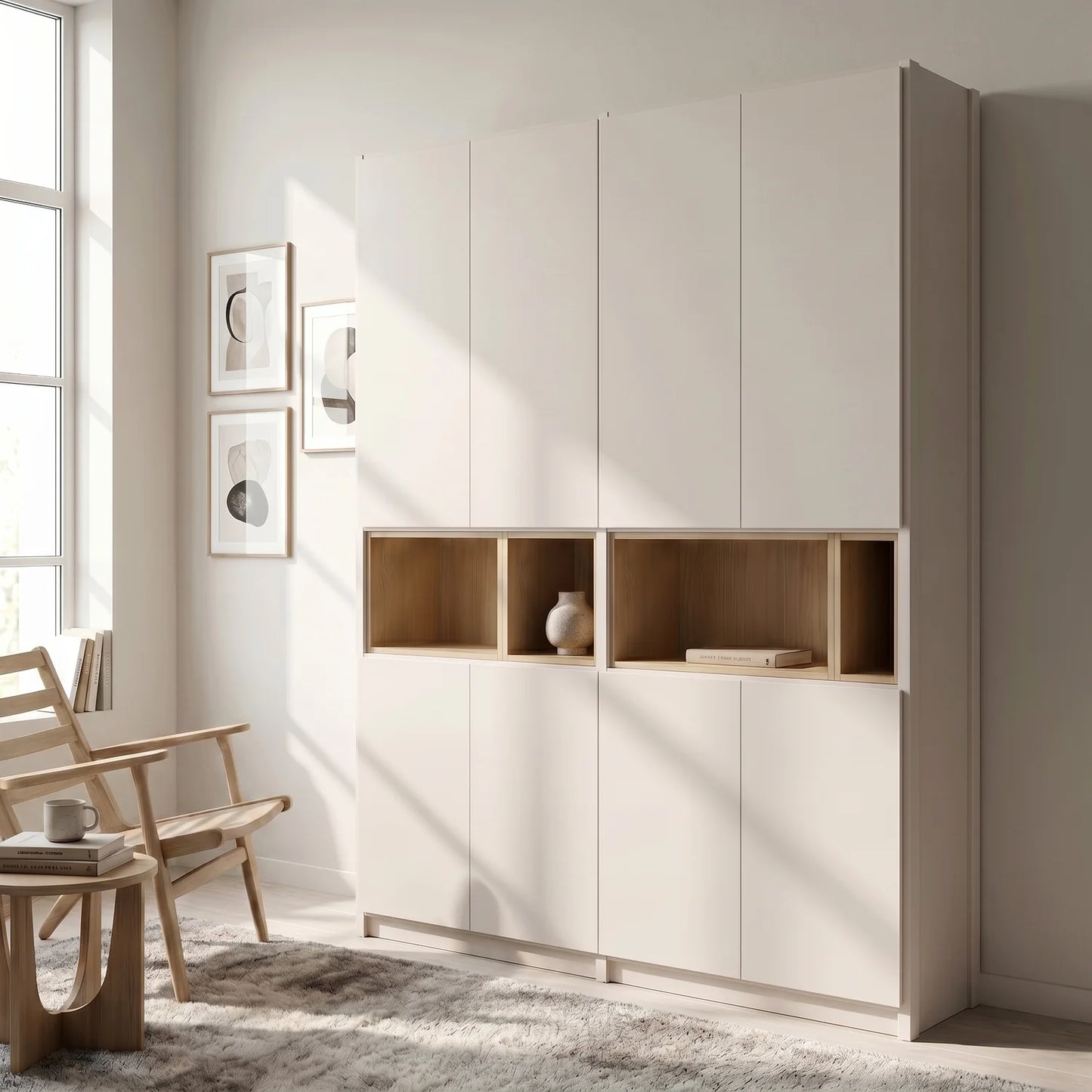 Grote wandkast met display vakken | Lundia Original | Wit & Blank gelakt hout, sfeerbeeld perspectief