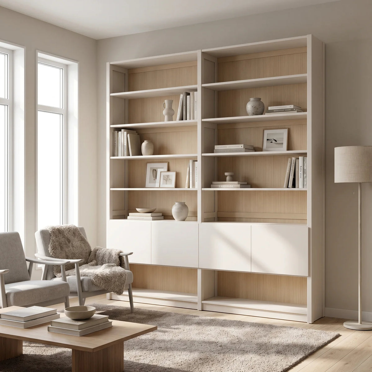 Scandinavische boekenkast met deuren | Lundia Original | Wit & blank gelakt, sfeerbeeld perspectief