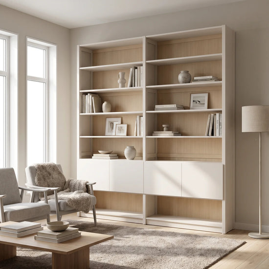 Scandinavische boekenkast met deuren | Lundia Original | Wit & blank gelakt, sfeerbeeld perspectief