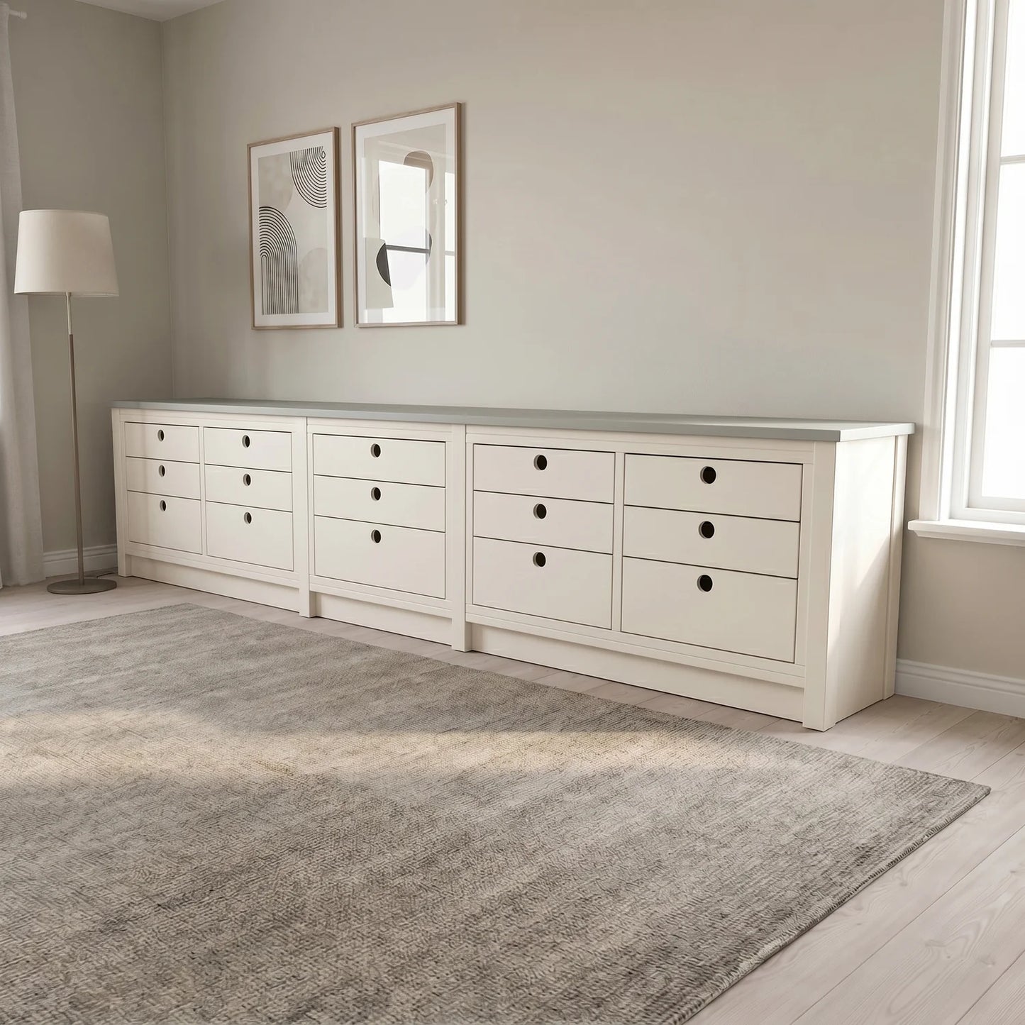 Lage & brede ladenkast | Lundia Original | Wit & nevelgrijs hout, sfeerbeeld perspectief