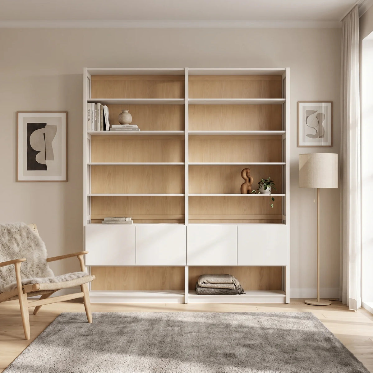 Scandinavische boekenkast met deuren | Lundia Original | Wit & blank gelakt, sfeerbeeld vooraanzicht