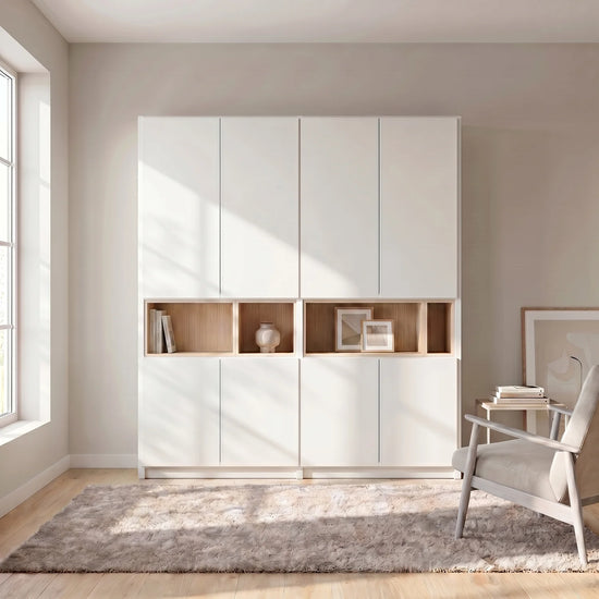 Grote wandkast met display vakken | Lundia Original | Wit & Blank gelakt hout, sfeerbeeld vooraanzicht
