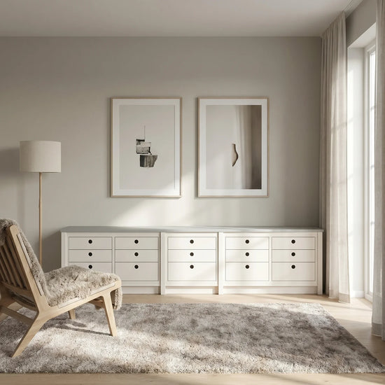Lage & brede ladenkast | Lundia Original | Wit & nevelgrijs hout, sfeerbeeld vooraanzicht
