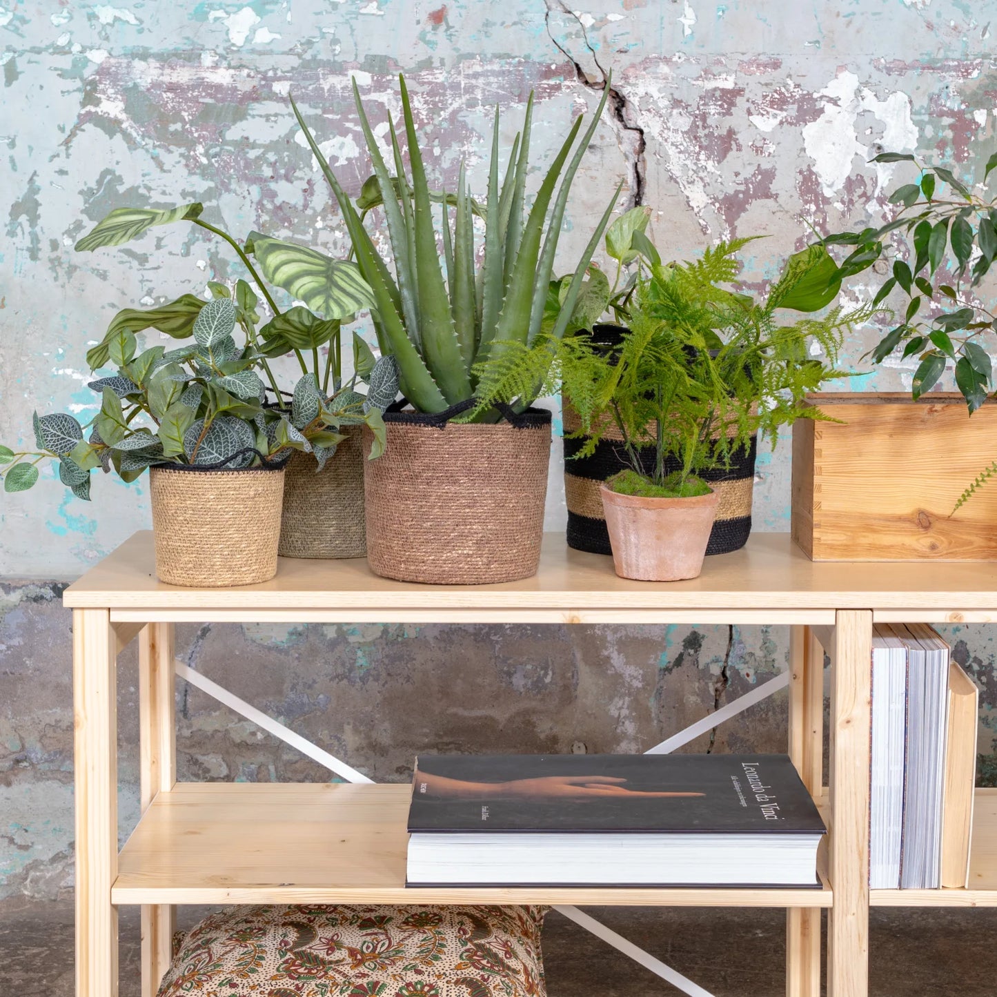 Sideboard | Lundia Original | Clear lacquered solid wood with plants, baskets and decoration