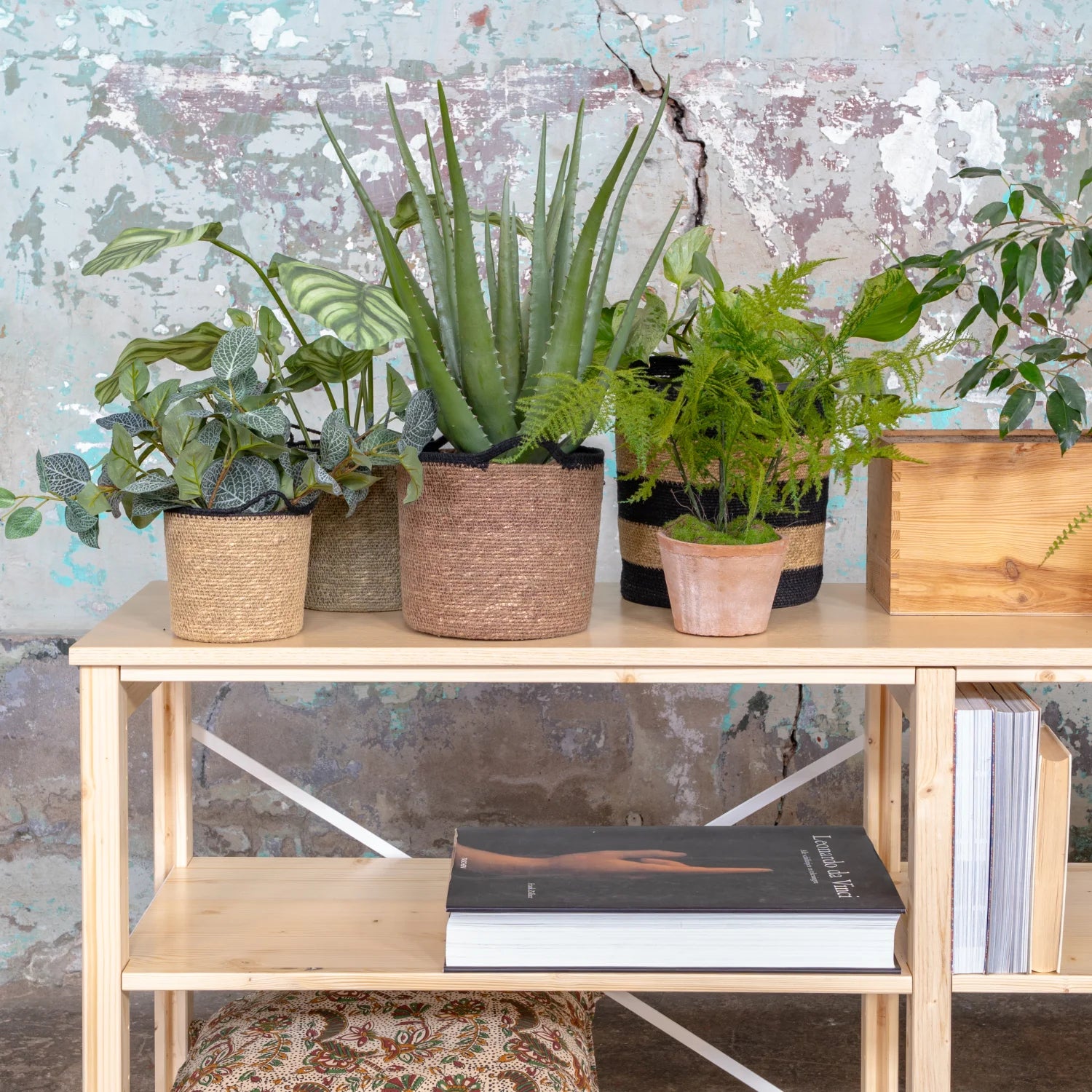 Sideboard | Lundia Original | Clear lacquered solid wood with plants, baskets and decoration