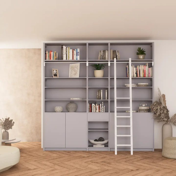 Boekenkast met trap, deuren & laden | Groot | Betongrijs hout