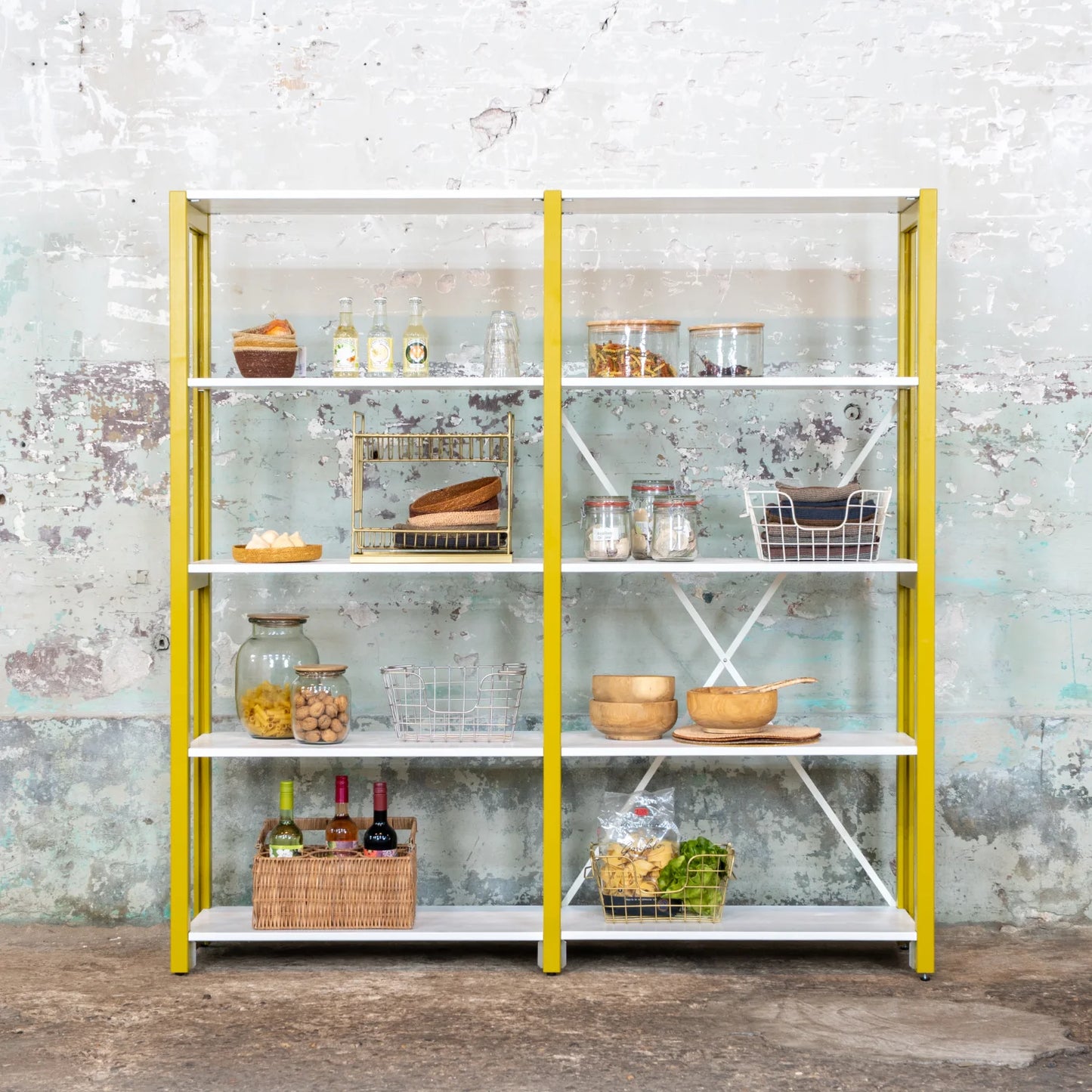 Low bookcase | Lundia Original | Mustard Green solid wood with white shelves and kitchen items