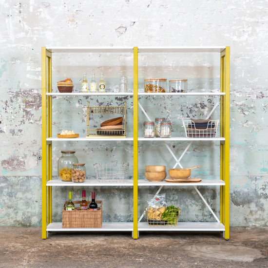 Low bookcase | Lundia Original | Mustard Green solid wood with white shelves and kitchen items