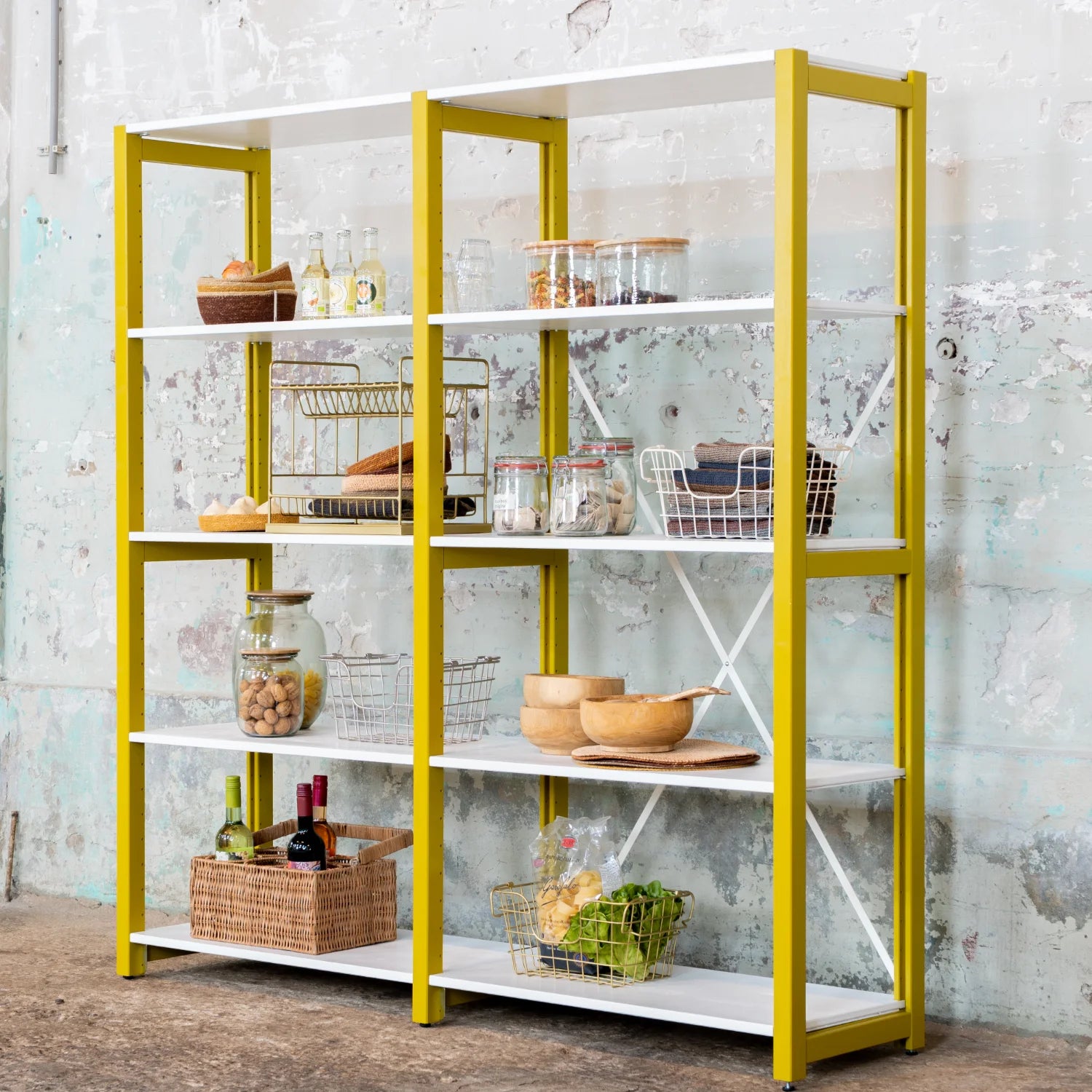 Low bookcase | Lundia Original | Mustard Green solid wood with pots and baskets