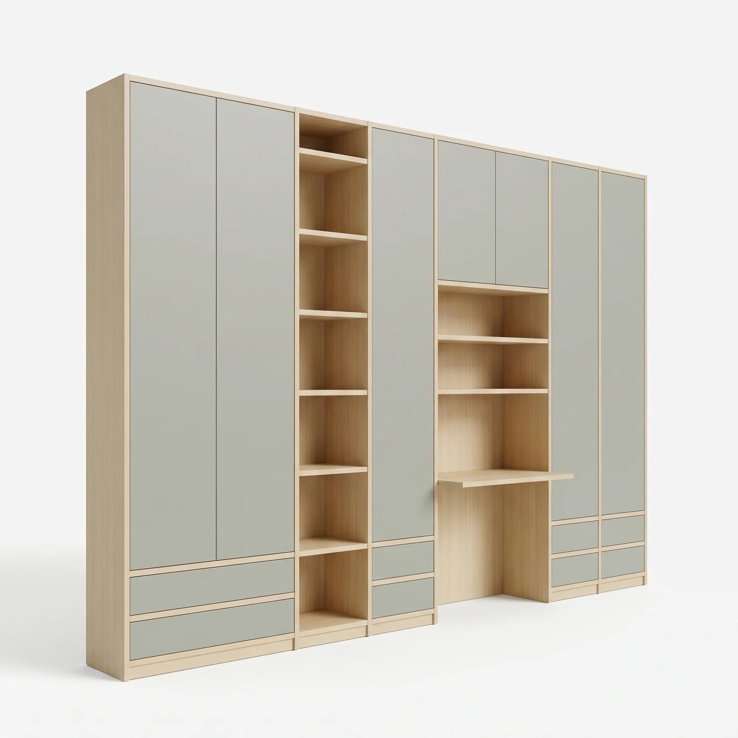 Wandkast met bureau en lades | Libre | Blank gelakt & nevelgrijs, perspectief