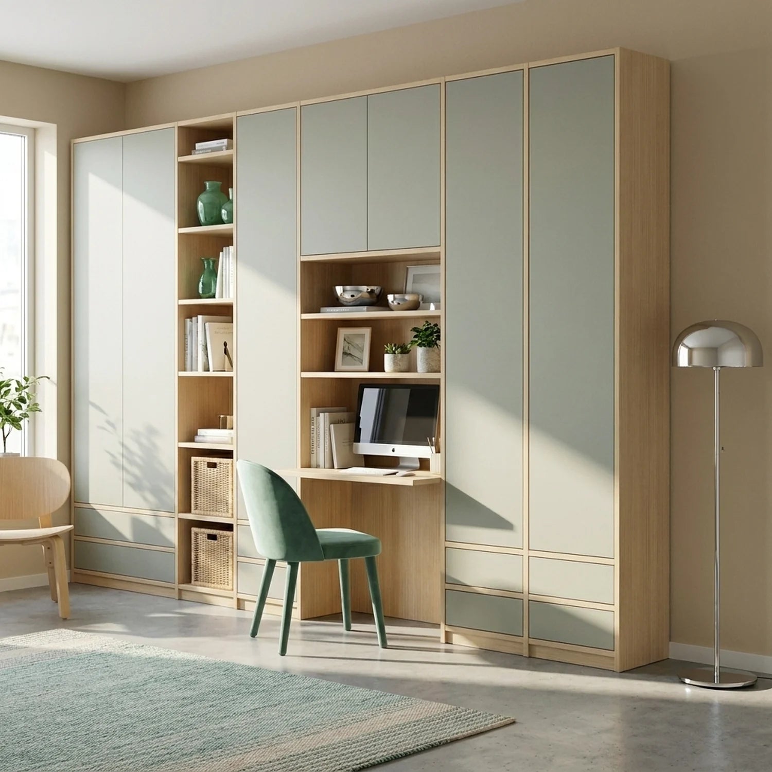 Wandkast met bureau en lades | Libre | Blank gelakt & nevelgrijs, sfeerbeeld perspectief