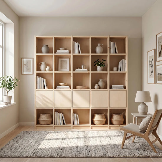 Scandinavian Lundia Libre bookcase in clear varnished, sfeerbeeld perspectief