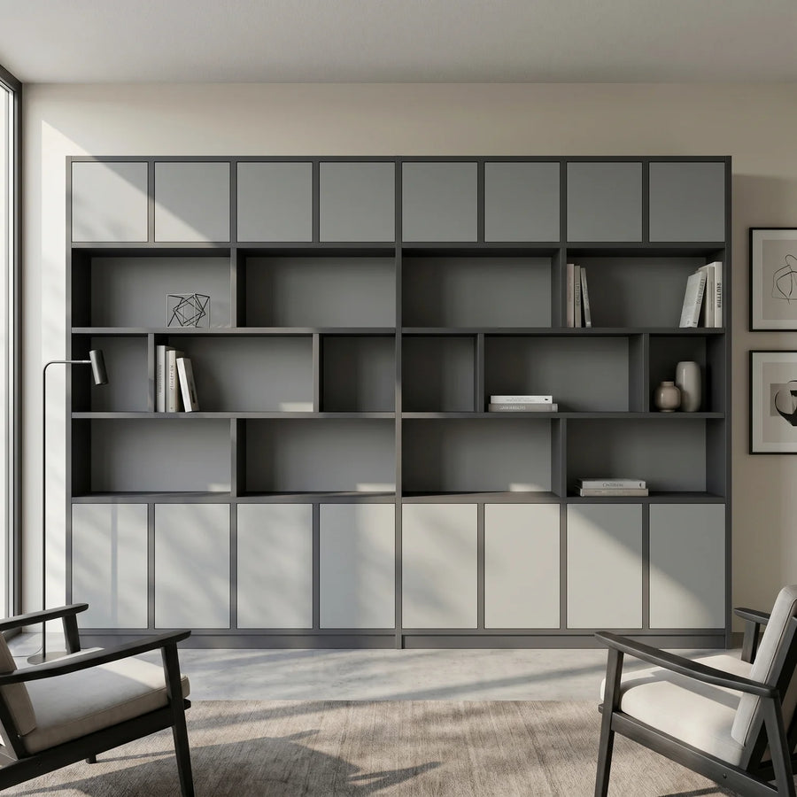 Modern Lundia Libre wall cabinet in graphite grey and concrete grey, sfeerbeeld perspectief