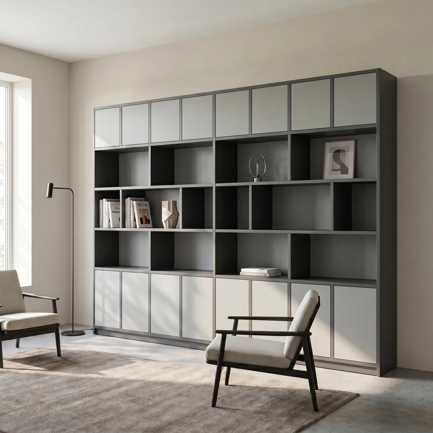 Modern Lundia Libre wall cabinet in graphite grey and concrete grey, sfeerbeeld vooraanzicht