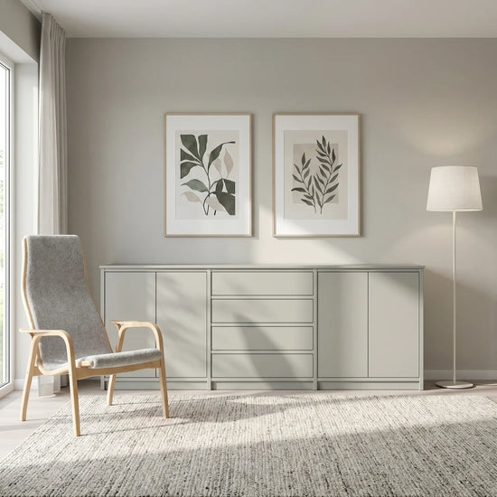 Scandinavian Lundia Libre sideboard in mist grey, sfeerbeeld perspectief