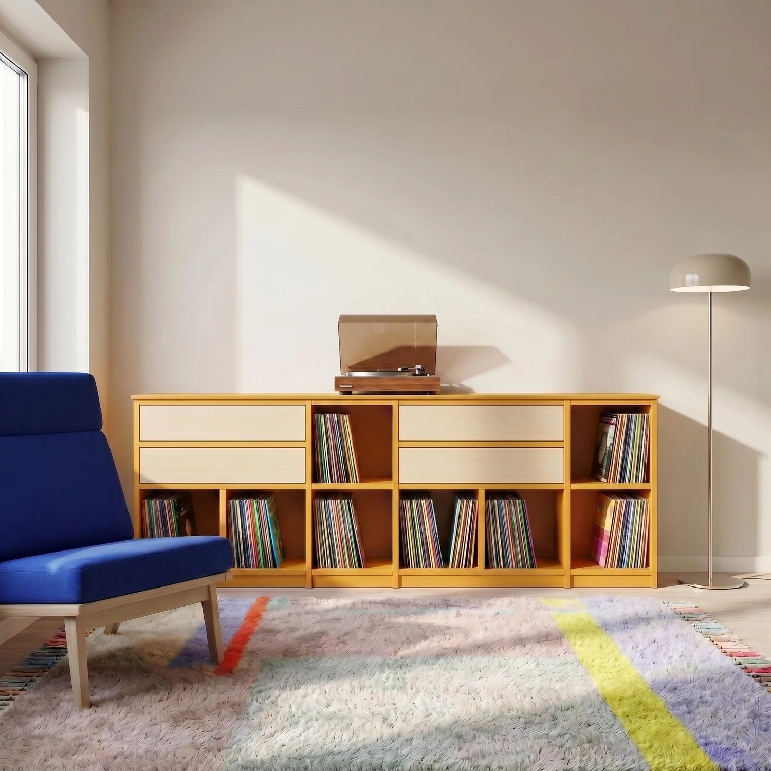 Meuble vinyle avec tiroirs | Libre | Jaune safran & regular, sfeerbeeld perspectief