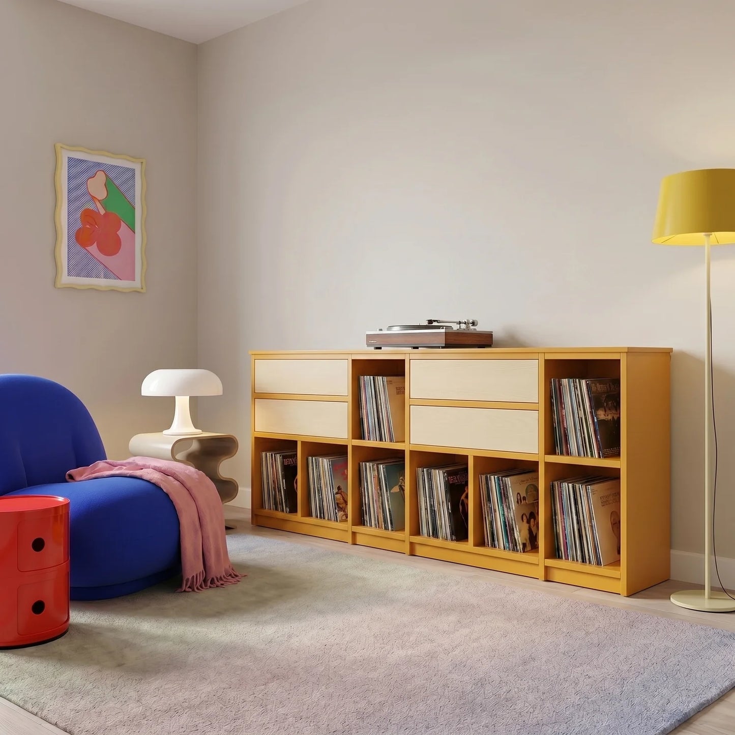 Meuble vinyle avec tiroirs | Libre | Jaune safran & regular, sfeerbeeld vooraanzicht