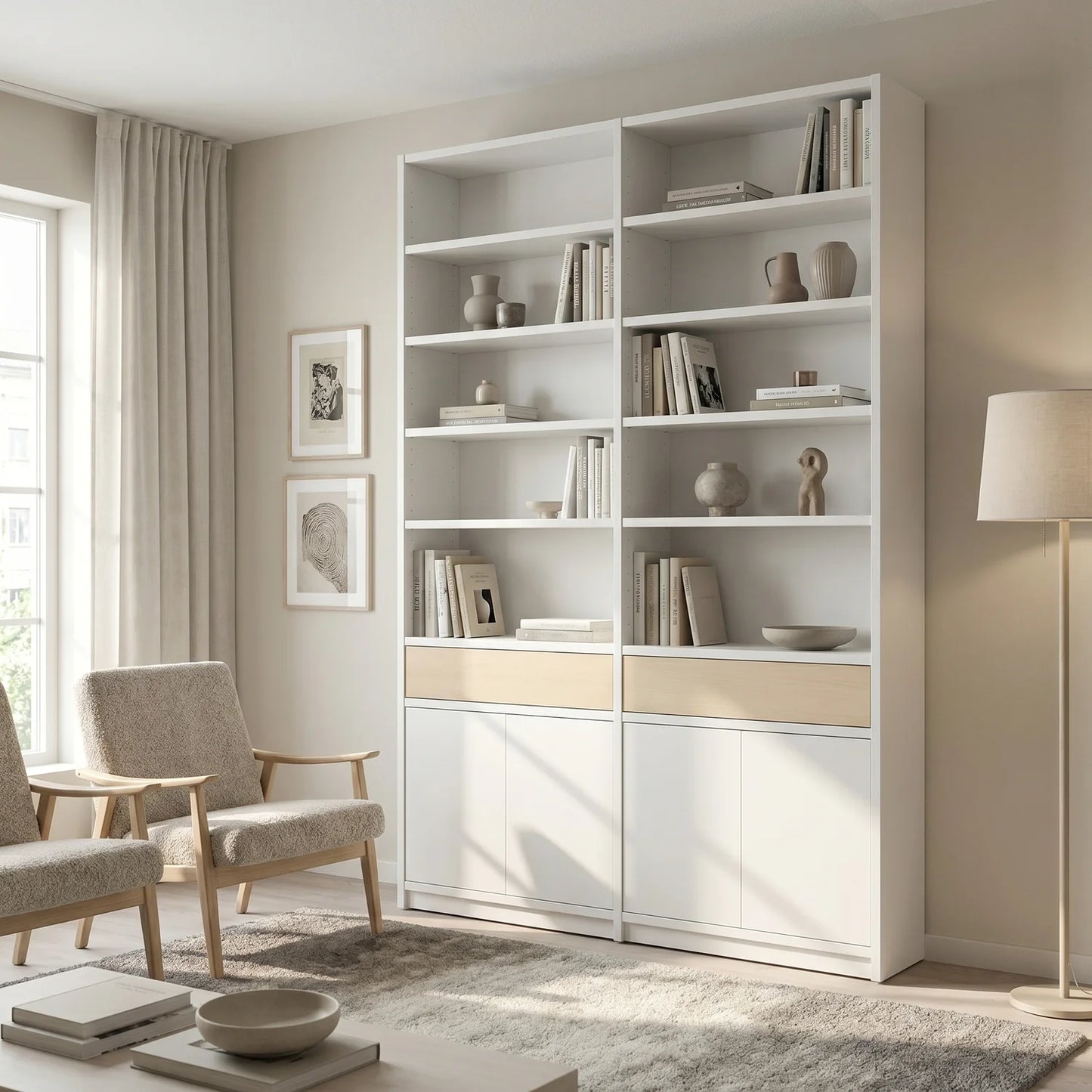 Scandinavische Lundia Libre boekenkast in signaalwit en blank gelakt, sfeerbeeld vooraanzicht