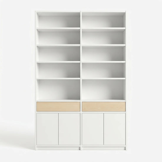 Scandinavische Lundia Libre boekenkast in signaalwit en blank gelakt, vooraanzicht