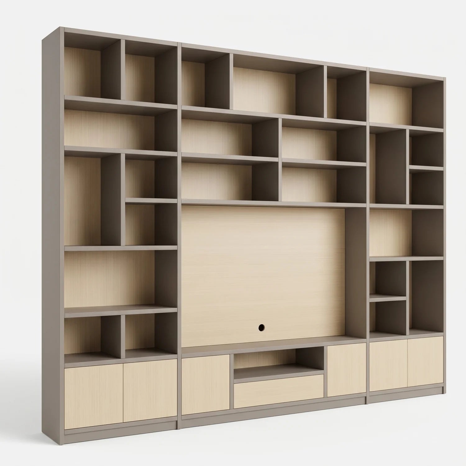 Meuble TV mural Lundia Libre scandinave en gris pierre et vernis transparent, perspectief
