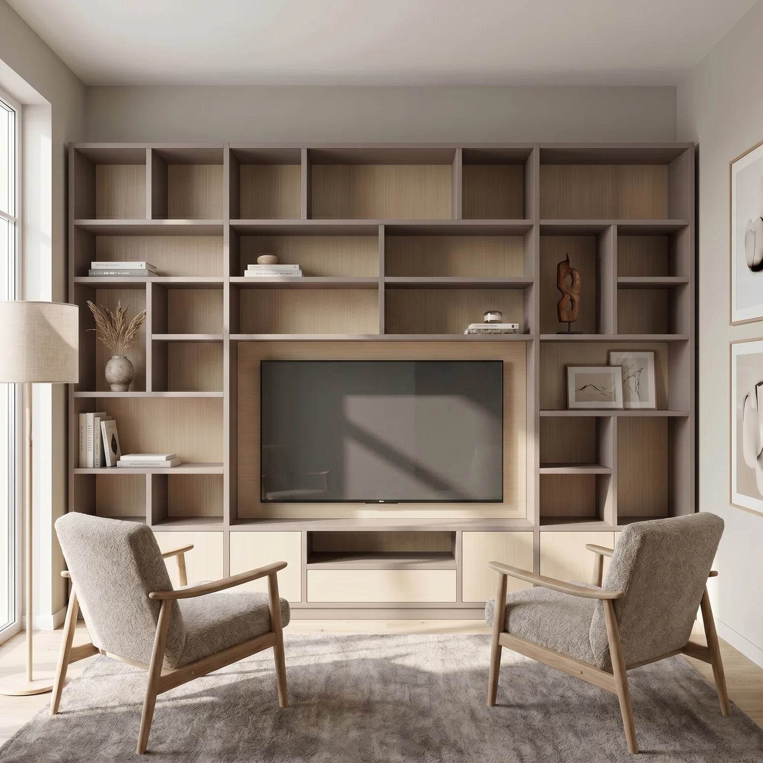 Meuble TV mural Lundia Libre scandinave en gris pierre et vernis transparent, sfeerbeeld perspectief